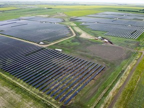 Solar panels pictured at the Michichi Solar project near Drumheller, Alta., Tuesday, July 11, 2023. A seven-month pause on wind and solar development in Alberta is coming to an end, but some involved in the sector say their industry's future growth in the province is threatened by creeping politicization.