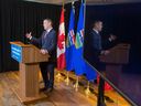 Nate Horner, President of Treasury Board and Minister of Finance speaks to media at an embargoed Budget 2024 news conference prior to delivering the budget in the Alberta Legislature on Thursday, Feb. 29, 2024 in Edmonton.