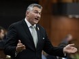 Conservative MP James Bezan rises during Question Period, Friday, October 20, 2023 in Ottawa. Bezan is promising that if the party forms government after the next election, it would renegotiate a trade deal with Ukraine, after voting against its current one.