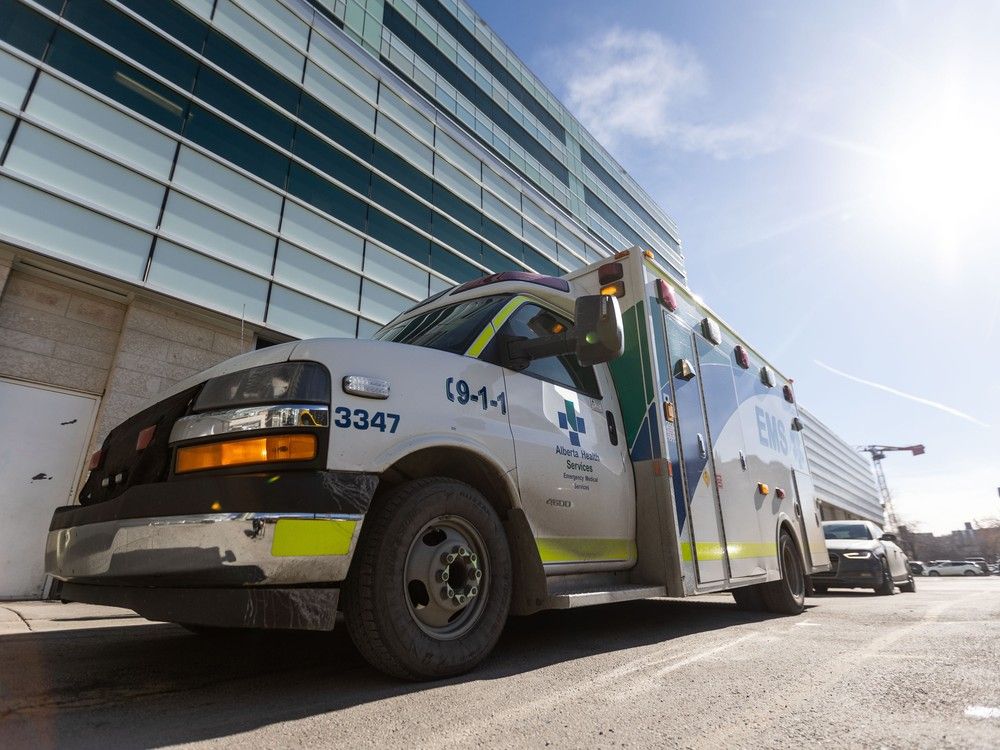 An ambulance is shown outside the Sheldon M. Chumir Health Centre in downtown Calgary on Thursday, February 29, 2024.