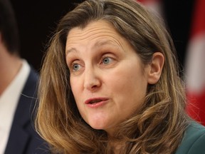 Finance Minister Chrystia Freeland speaks at a news conference in Ottawa on Tuesday, Feb. 13, 2024.
