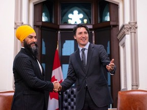 NDP leader Jagmeet Singh meets with Prime Minister Justin Trudeau on Parliament Hill in Ottawa on Thursday, Nov. 14, 2019
