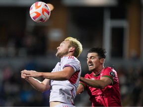 Orlando City's Duncan McGuire, front left, and Cavalry FC's Charlie Trafford vie for the ball during the first half of a CONCACAF Champions Cup soccer match, in Langford, B.C.