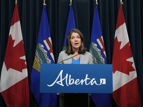 Alberta Premier Danielle Smith answers questions at a news conference in Calgary on Thursday, February 1, 2024.