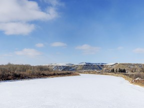 The frozen Red Deer River at Rosedale, Ab., on Tuesday, February 27, 2024.
