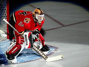 Miikka Kiprusoff of the Calgary Flames in warmup before taking on the Edmonton Oilers in 2006