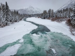 Kananaskis River covered in snow