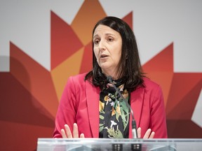 Rhona DelFrari, chief sustainability officer and executive vice-president, stakeholder engagement with Cenovus Energy, speaks at a press conference in BMO Centre at Stampede Park during the World Petroleum Congress on Tuesday, September 19, 2023.