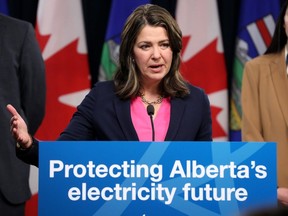 Premier Danielle Smith announces the Province's renewable energy development strategy, during a press conference at the Alberta Legislature in Edmonton, Wednesday Feb. 28.