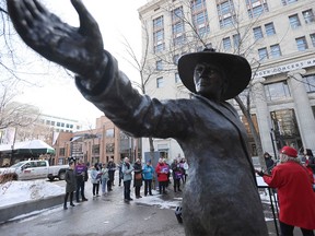 International Women's Day gathering at Famous 5 statue