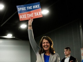 Alberta Premier Danielle Smith attends Pierre Poilievre's "spike the hike, axe the tax" rally in Edmonton on Wednesday, March 27, 2024.