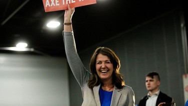 Alberta Premier Danielle Smith attends Pierre Poilievre's "spike the hike, axe the tax" rally in Edmonton on Wednesday, March 27, 2024.