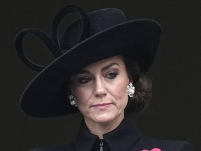 Britain's Kate, Princess of Wales, attends the Remembrance Sunday service at the Cenotaph on Whitehall in London, Sunday, Nov. 12, 2023.