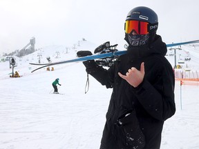 Skiers at WinSport in late March