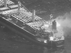 The Barbados-flagged, Liberian-owned bulk carrier after it was hit by anti-ship ballistic missile launched from Iranian-backed Houthi rebels on March 6, 2024.