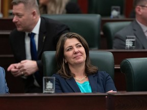 Alberta Premier Danielle Smith looks to the gallery as the 2024 budget is delivered in Edmonton, Thursday, Feb. 29, 2024. Smith says Albertans need to get on board with the direction her government is taking on fiscal restraint and saving for the future.