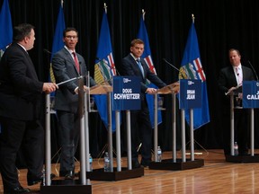 United Conservative Party leadership candidates from left; Jason Kenney, Doug Schweitzer, Brian Jean, and Jeff Callaway take part in a leadership debate at the Mount Royal Conservatory's Bella Concert Hall in Calgary on Wednesday September 20, 2017.