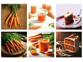 The researchers used DALL-E 3 integrated with ChatGPT 4 to create the images for their studies. They uploaded each original with the prompt: "Reproduce this photo." The top row shows authentic carrot images, and the bottom row is AI-generated — both shown left to right in unprocessed, processed and ultra-processed variants.