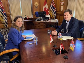 Finance Minister and Deputy Prime Minister Chrystia Freeland meets with B.C. Premier David Eby at the legislature in Victoria on Monday, March 11, 2024.