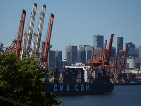 Canadian thermal coal exports rose another seven per cent last year, reaching the highest level in almost a decade.  Gantry cranes are shown as a container ship docks in the Port of Vancouver, Wednesday, July 19, 2023.