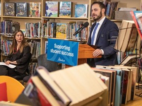 Minister of Education Demetrios Nicolaides provided an update on the next phase of public engagement on the draft social studies curriculum at Belgravia School on March 14, 2024. With him was Julie Kusiek, board chair, Edmonton Public Schools, and Sandra Palazzo, board chair, Edmonton Catholic Schools.