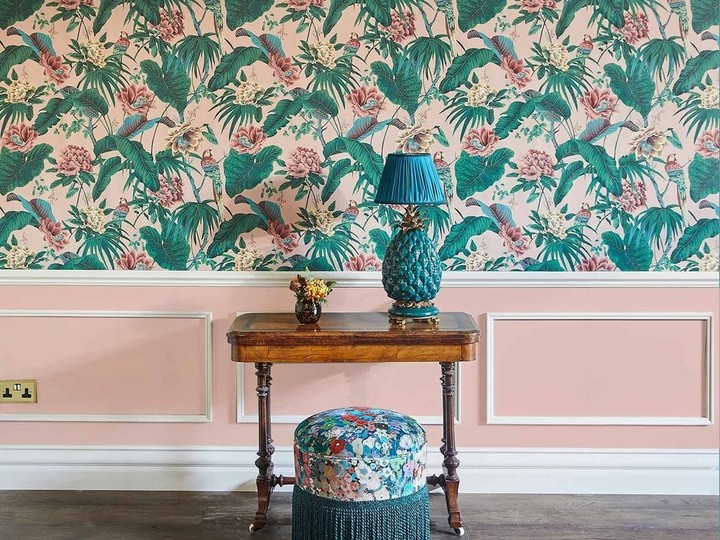 Paradisa wallpaper in Tourmaline Pink, by House of Hackney London, captures the essence of Barbados gardens.