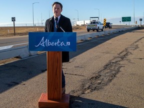 Minister of Transportation and Economic Corridors Devin Dreeshen talks about the changes to automated traffic enforcement programs in Alberta on Thursday, Nov. 23, 2023 in Edmonton.