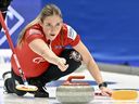 Canada's Briane Harris releases a rock during the bronze medal match between Canada and Sweden of the LGT World Women's Curling Championship at Goransson Arena in Sandviken, Sweden on Sunday, March 26, 2023.