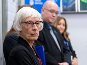 Jan Reimer, CEO, Alberta Council of Women's Shelters, Searle Turton, Minister of Children and Family Services and Patricia Vargas Director, Catholic Social Services (CSS) listen to a question after the Alberta government announced it is providing an additional $10 million over four years to strengthen women's shelters and fund more beds. Taken on Tuesday, March 19, 2024 in Edmonton.