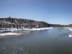 The Bow River flows pretty much ice-free near Carseland, Ab., on Monday, April 1, 2024.