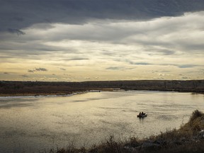 Trolling for trout under the chinook arch above the Bow River weir at Carseland, Ab., on Tuesday, April 2, 2024.