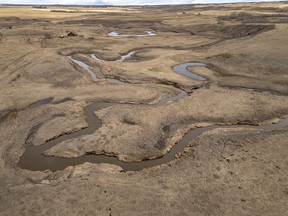 Three Hills Creek running full west of Torrington, Ab., on Tuesday, April 9, 2024.