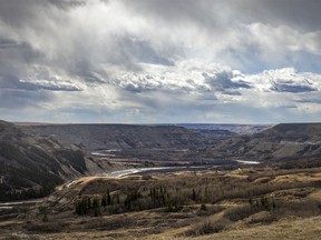 Storm clouds move in over Dry Island Buffalo Jump and the Red Deer River east of Huxley, Ab., on Tuesday, April 9, 2024.