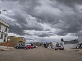 Storm clouds over downtown Elnora, Ab., on Tuesday, April 9, 2024.