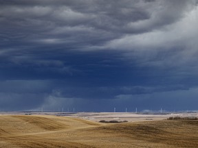 Ominous clouds between Trochu and Huxley, Ab., on Tuesday, April 9, 2024.
