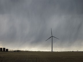 Sheets of rain fall west of Trochu, Ab., on Tuesday, April 9, 2024.