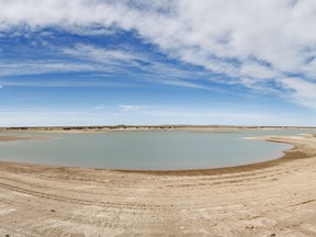 Very low water in St. Mary Reservoir west of Spring Coulee, Ab., on Monday, April 15, 2024.