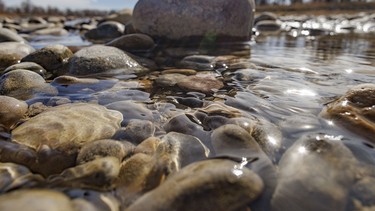 Cobblestones waiting for spring runoff in the Oldman River at Ft. Macleod, Ab., on Monday, April 15, 2024.