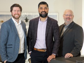 KPMG in Canada’s Jeremy Fitch, from left, senior vice-president, Corporate Finance, Chris Gandhu, Family Office leader (Calgary) and Rick Barnay, tax partner, Private Enterprise at the KPMG offices in Calgary.   WIL ANDRUSCHAK/POSTMEDIA CONTENT WORKS
