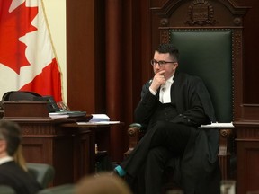 Speaker Nathan Cooper listens to the delivery of the 2024 provincial budget at the Alberta Legislature, in Edmonton Thursday Feb. 29. Photo by David Bloom