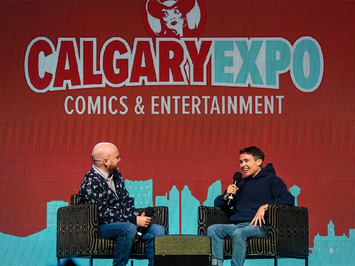  Actor Elliot Page chats with host Mike Morrison during Calgary Expo on Sunday, April 28, 2024.