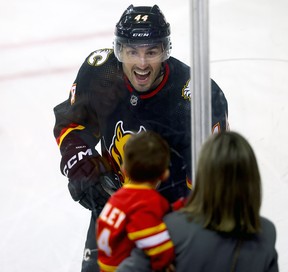 Flames defenceman Joel Hanley pictured during warmup prior to last night’s game.