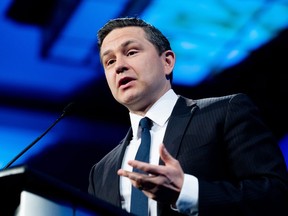 Conservative Party Leader Pierre Poilievre speaks during a Canada Strong and Free Network event in Ottawa, on Thursday, April 11, 2024.