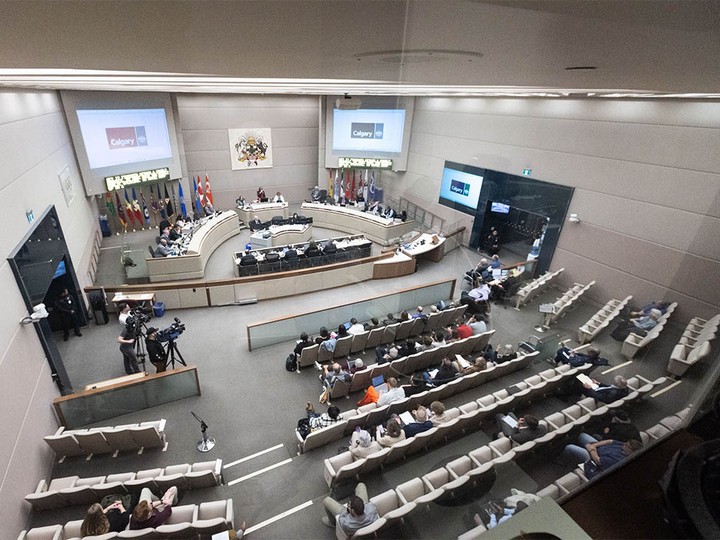  Council listens to public panelists during the hearing into the City of Calgary’s proposed blanket rezoning at city hall on Monday, April 22, 2024.