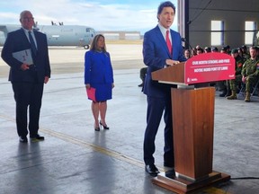 From left, Defence Minister Bill Blair and Deputy Prime Minister Chrystia Freeland were on hand Monday at 8 Wing Trenton as Prime Minister Justin Trudeau helped unveil “Our North, Strong and Free,” a new defence policy to guide Canada’s military for the next 20 years.