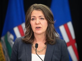 Alberta Premier Danielle Smith says it's a good idea that a doctor who accused the province of exaggerating the impact of COVID-19 on hospitals is now leading a review of pandemic-era health data.  Smith speaks in Edmonton on Wednesday, April 10, 2024.