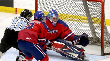 Calgary Buffaloes goalie Kael Svenson, pictured during the Circle K Classic in December 2023. Svenson mad 36 saves to help lead the Buffaloes to a bronze-medal victory at the Telus Cup.