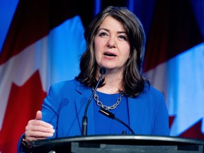 Alberta Premier Danielle Smith delivers a speech prior to a fireside chat during a Canada Strong and Free Network event in Ottawa, on Friday, April 12, 2024.