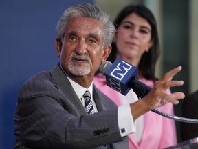 Ted Leonsis, owner of the Washington Wizards NBA basketball team and Washington Capitals NHL hockey team, speaks during a news conference at Capitol One Arena in Washington, Wednesday, March 27, 2024.