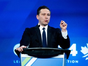 Conservative Party Leader Pierre Poilievre speaks during a Canada Strong and Free Network event in Ottawa, on Thursday, April 11, 2024.